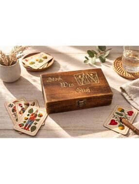 Meho Switzerland 1930s Engraved Wood Jass Card Game Storage Box, 8x5.5x1.5”
